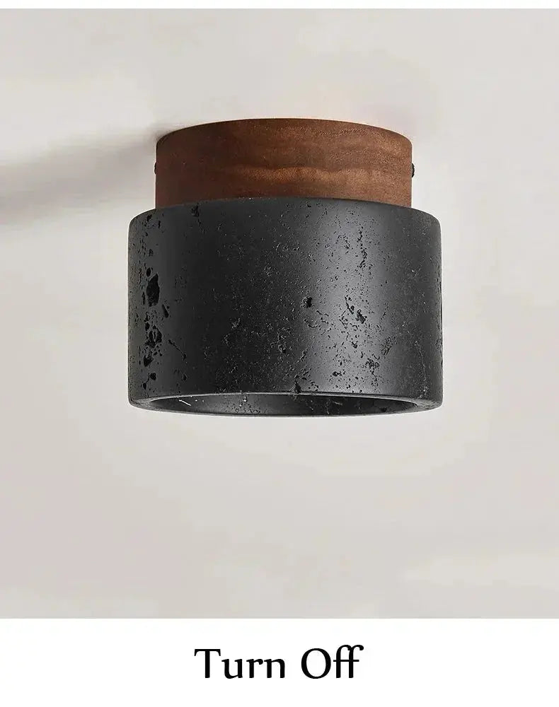 Wabi-sabi ceiling lamp with black speckled metal shade and wooden mount for home decor