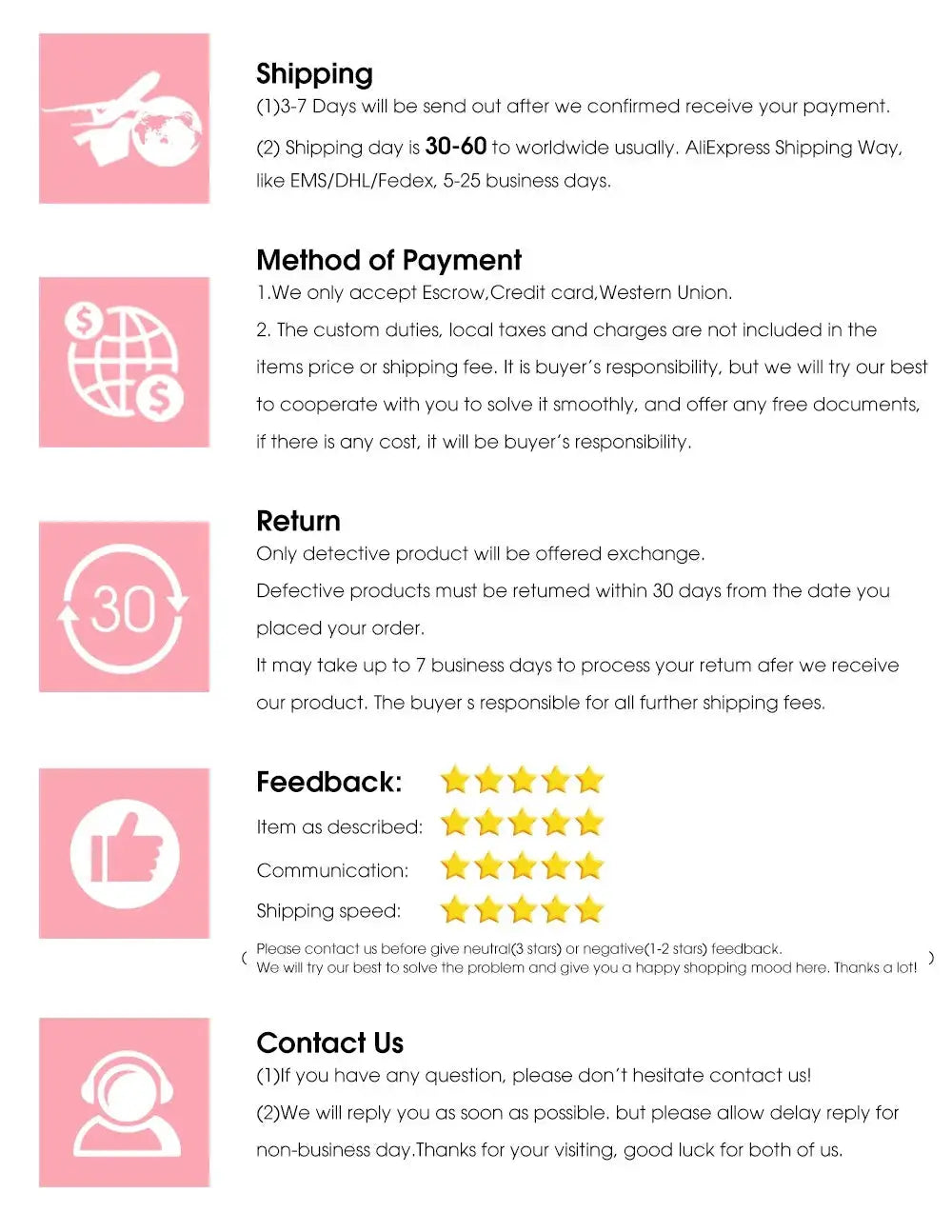 RFID blocking cards by Simples Market - policy infographic with pink icons for Shipping, Payment, Return, Feedback.