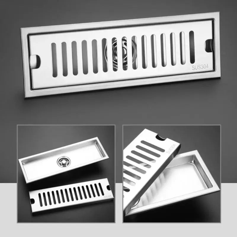 Long rectangular stainless steel floor drain (304) with slotted grate for bathroom; anti-odor design with cover