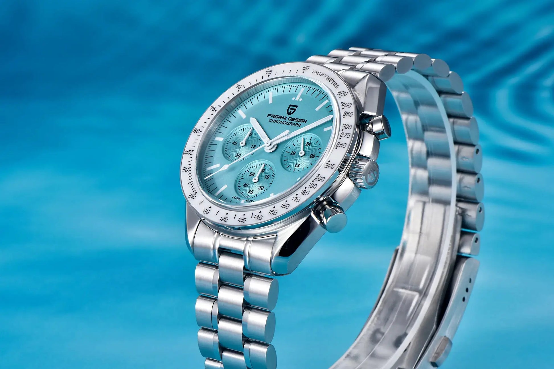 PAGANI DESIGN 500 Speedometer Chronograph watch with blue dial and tachymeter bezel, stainless steel bracelet