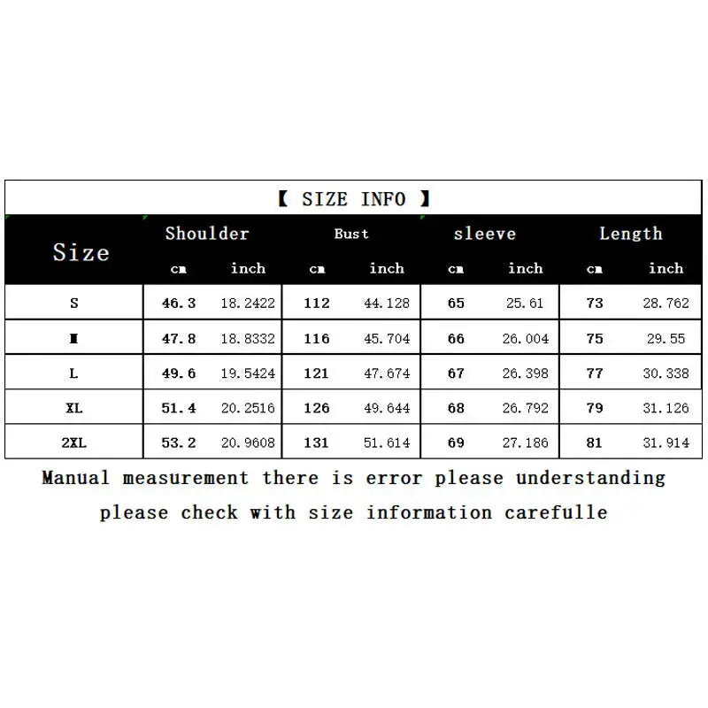 Simples Market men's long sleeve striped shirt size chart showing shoulder, bust, sleeve, and length measurements.
