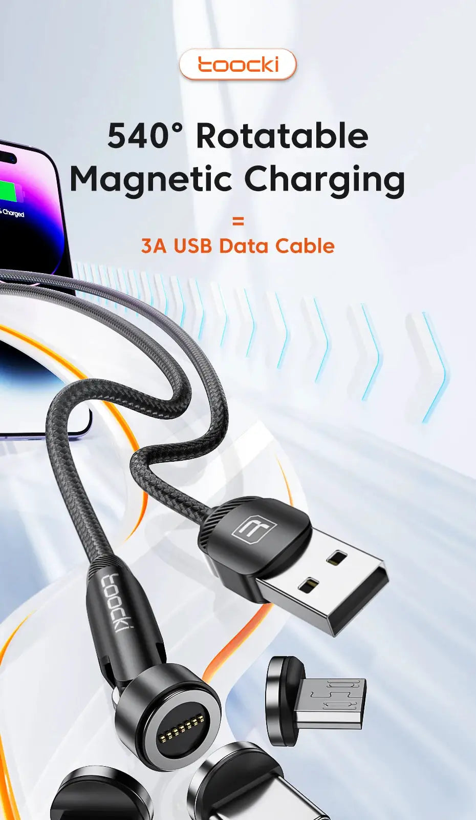 Toocki magnetic USB charging cable by Simples Market, 540° rotate, braided black with USB-A plug and magnetic tips