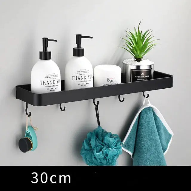 Bathroom shelf, black aluminum wall-mounted, 30cm long with 4 hooks for bottles and towels