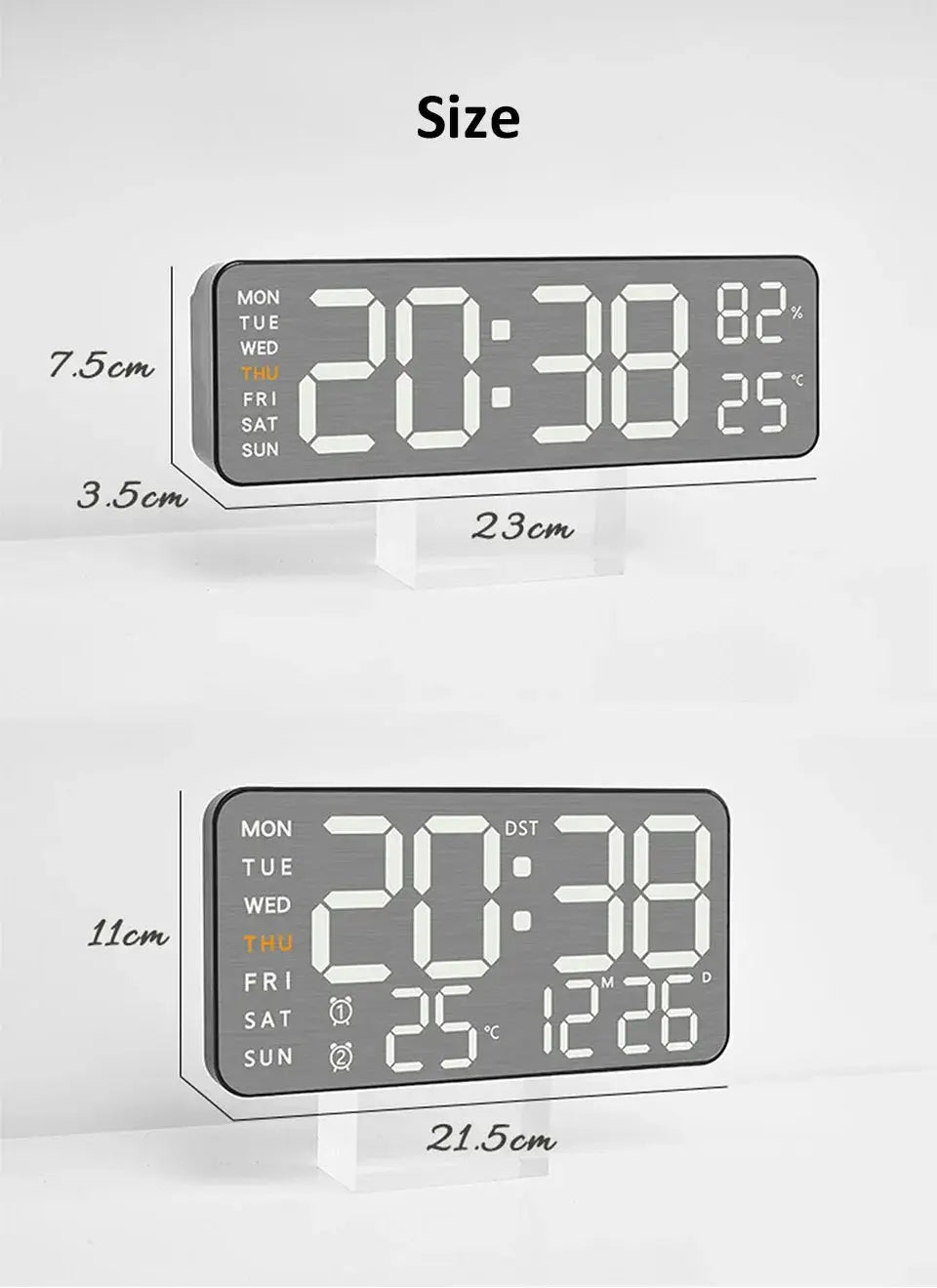 Two mirror brushed finish digital wall clocks with large time digits and temperature/humidity readouts