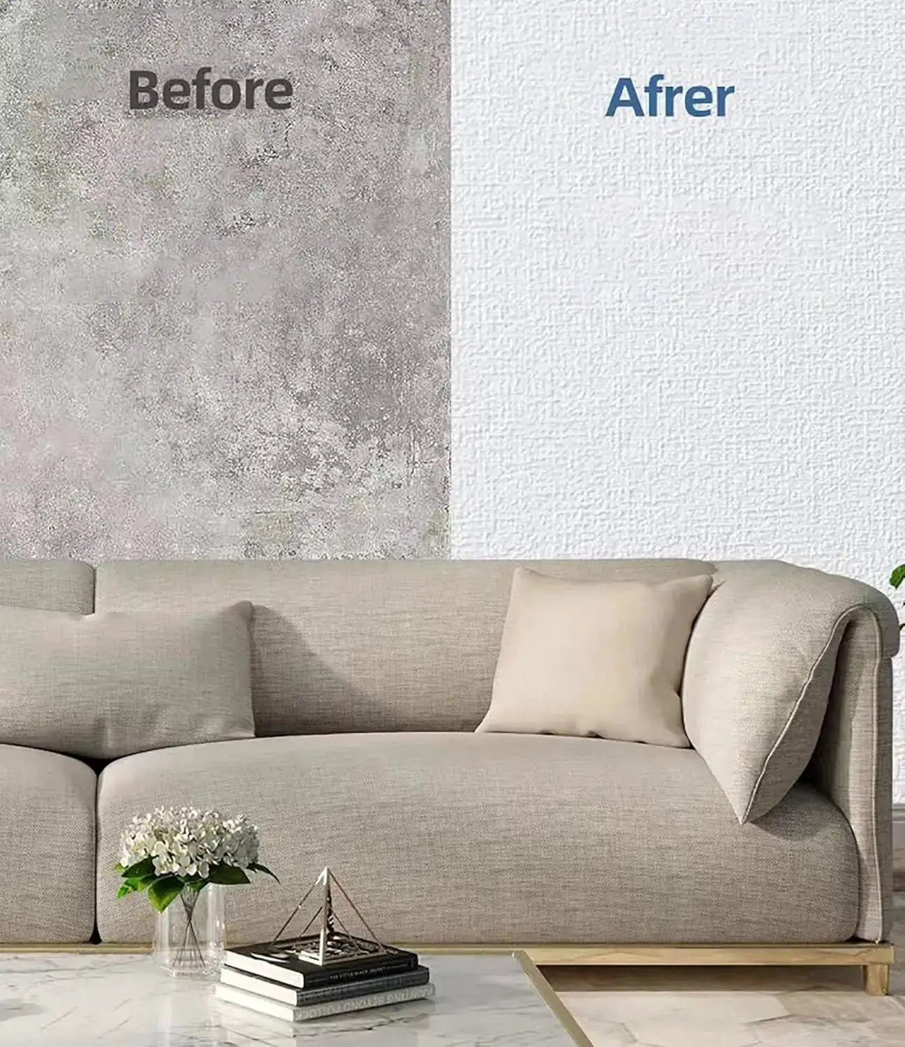 Self-Adhesive 3D Linen Foam wall sticker; white textured wallpaper on living room wall with gray before panel.