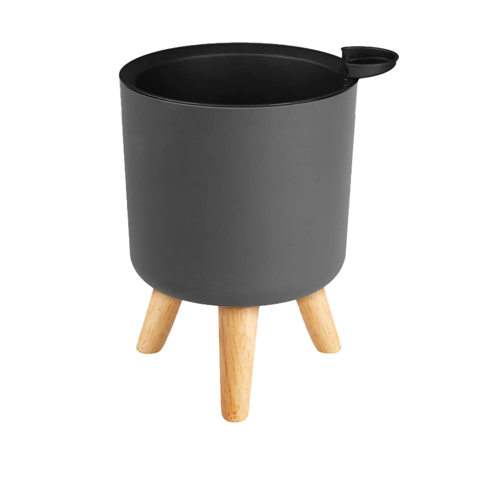 Floor-standing round plant pot with natural wooden legs, black planter
