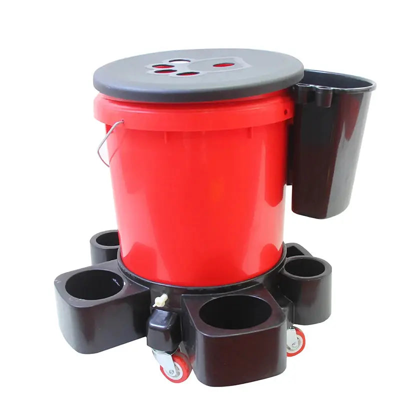 Simples Market universal bucket organizer in red with grey lid, black base, and side hanging bucket.