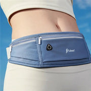 Blue waterproof running waist pack with front zip pocket and Tuban logo.