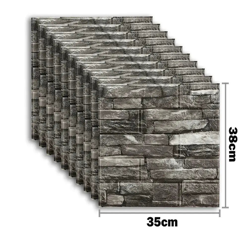 Simples Market 10-pack 3D foam brick wall stickers, gray stone look, self-adhesive waterproof decor panels (38x35 cm each)