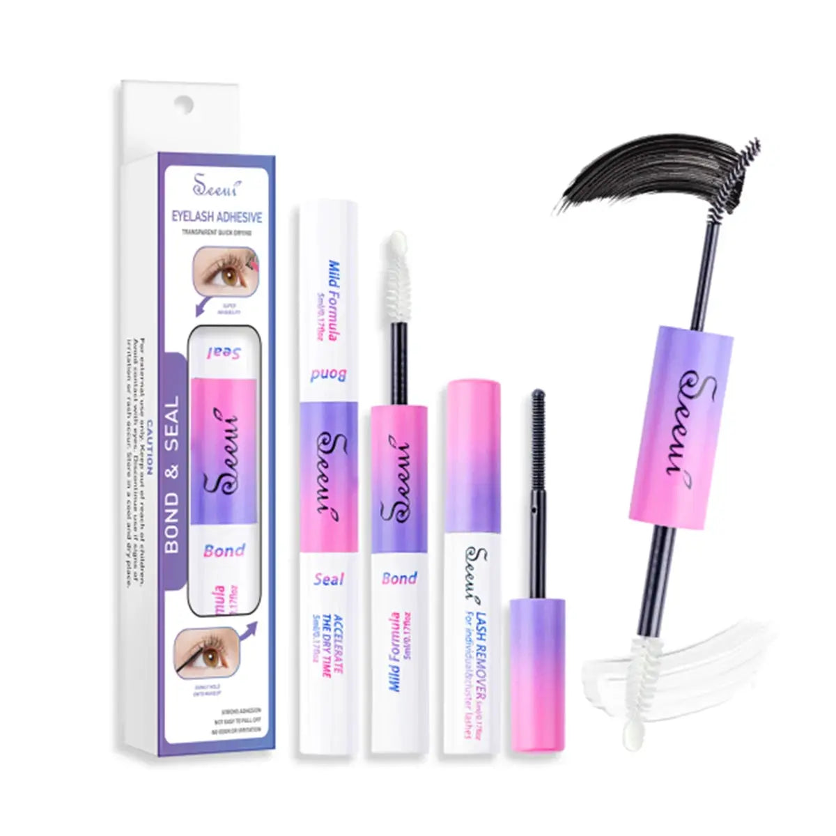 Eyelash glue and seal kit, 5-piece set by Simples Market with pink purple tubes and applicator brush