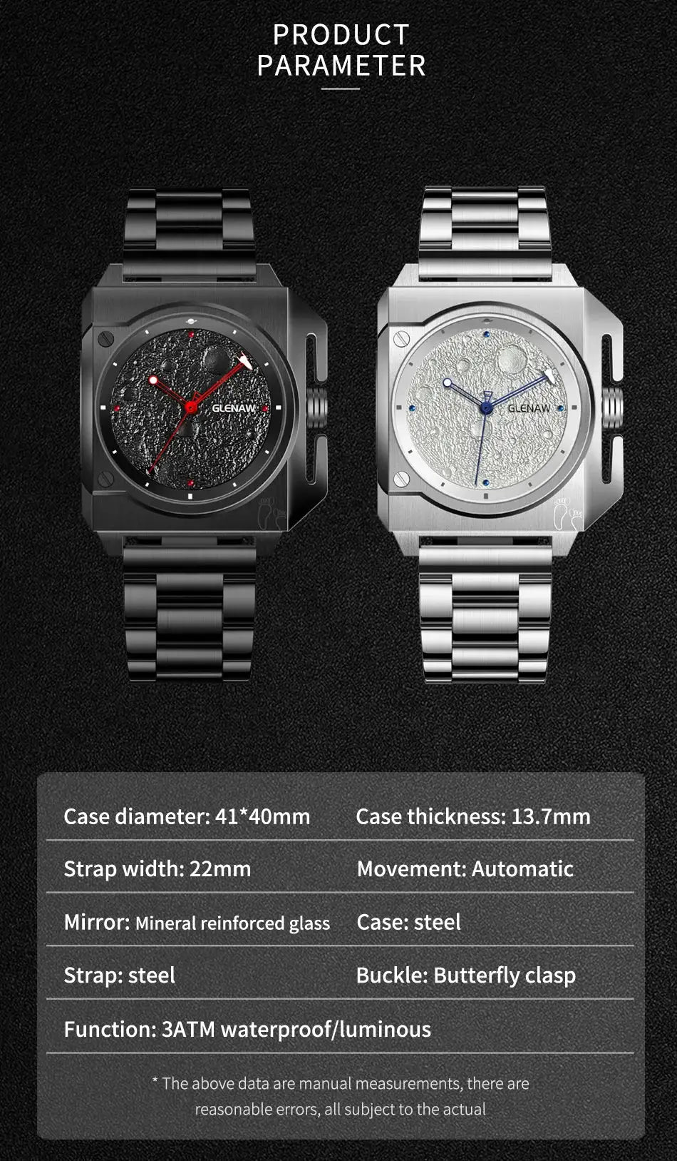 GLENAW men's mechanical watch, moon dial and luminous hands, stainless steel case/bracelet; black and silver, 2 watches