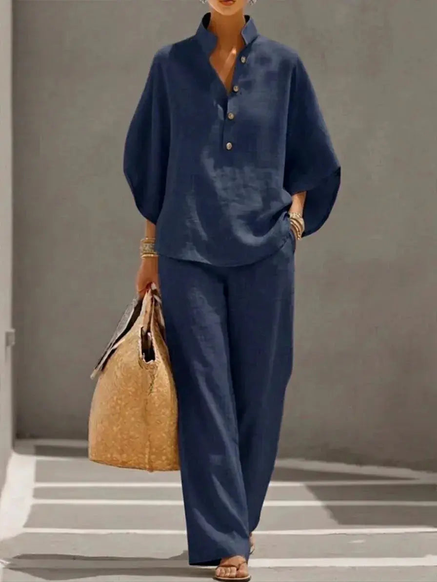 Cotton Linen Pant Set Women Stand Collar Button Top Wide Leg Trousers