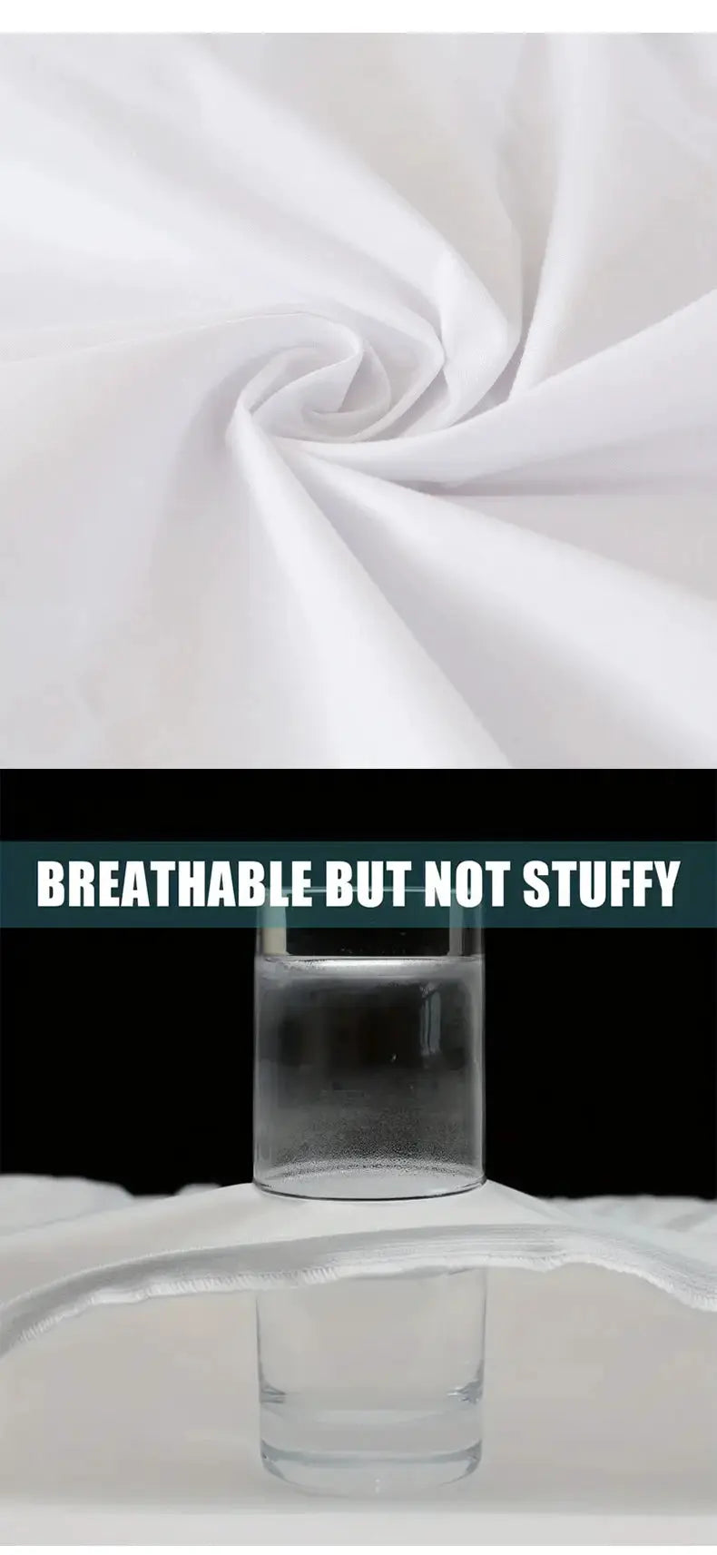 Simples Market waterproof mattress protector; white breathable jersey fabric with a glass of water.