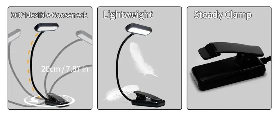 LED book light with USB rechargeable clip-on design, 360° gooseneck, dimmable lamp
