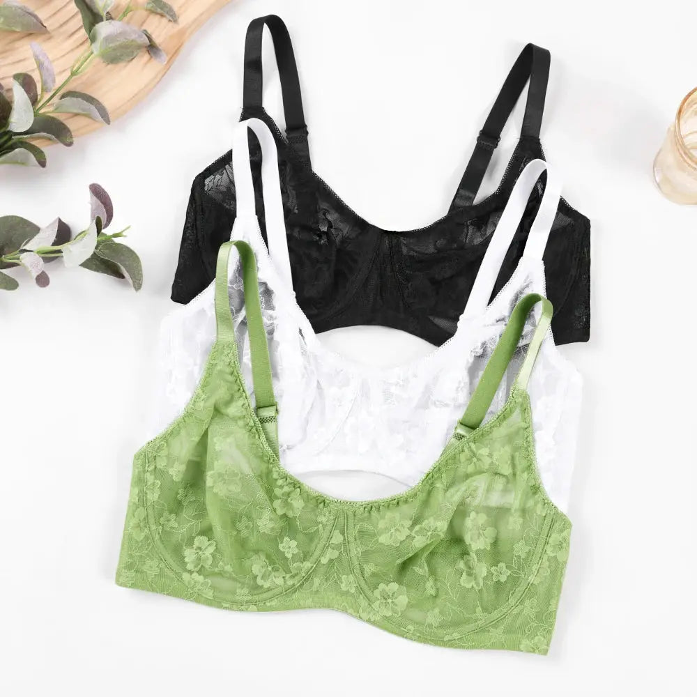 Plus Size Lace Underwire Bra set, 3-pack in black, white, and green by Simples Market