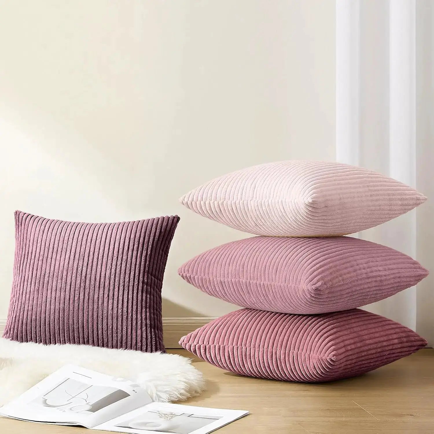 Simples Market lilac pink soft corduroy striped pillow covers; set of 4 cushions for couch and living room decor