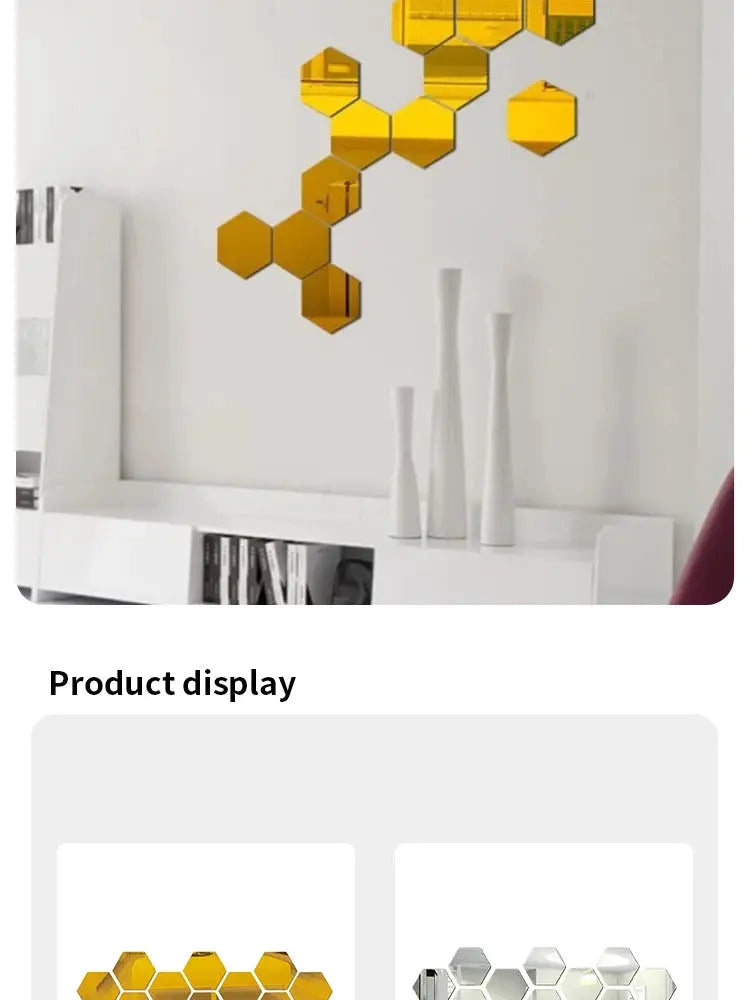 Hexagonal acrylic mirror wall stickers, 12pc gold honeycomb decor by Simples Market