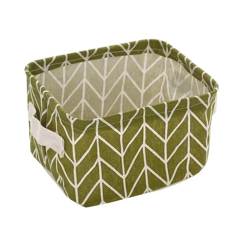 Linen desktop storage basket by Simples Market, green with white chevron pattern