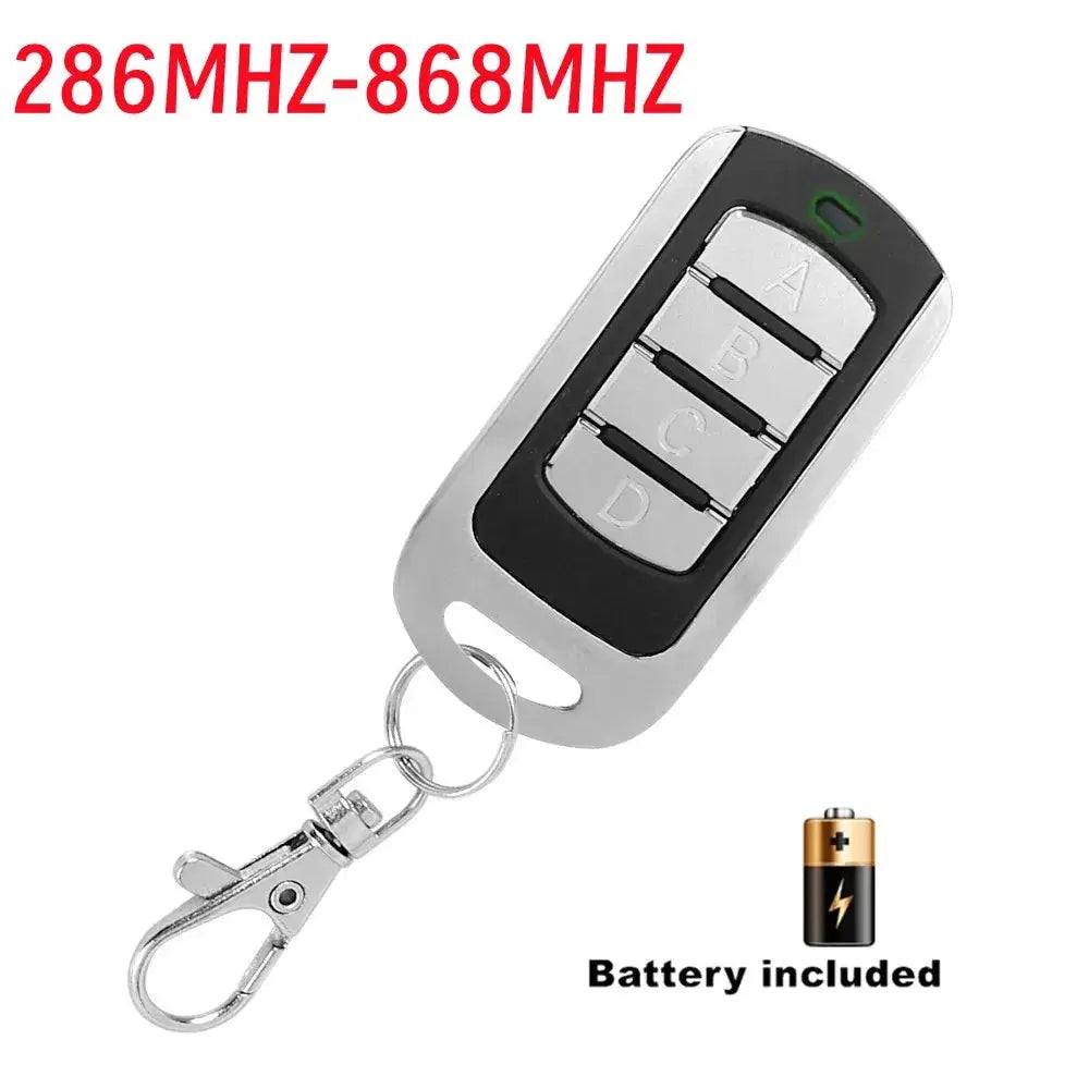 4-in-1 garage remote duplicator key fob by Simples Market, 286-868 MHz, silver buttons, includes keychain