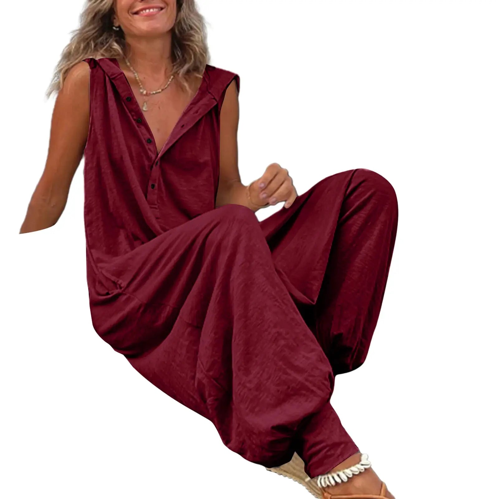 Women's burgundy cotton overalls with a relaxed, wide-leg silhouette.