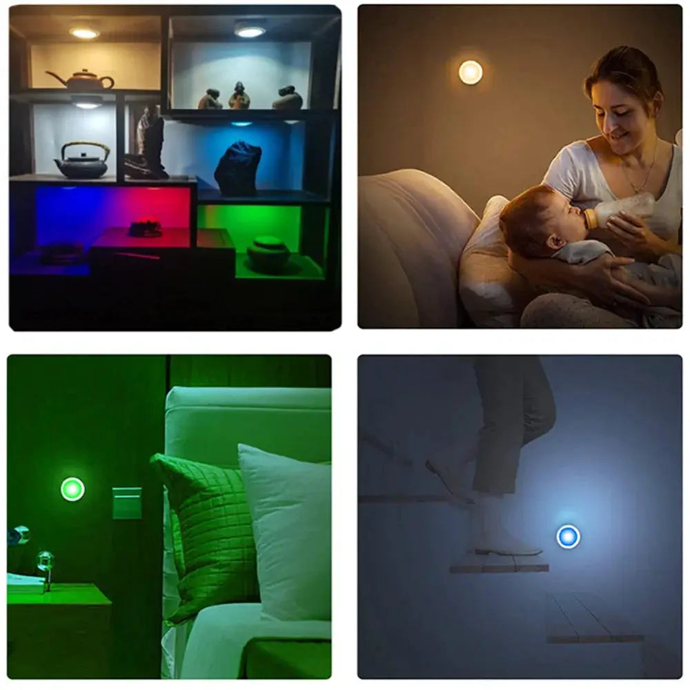 Simples Market RGB under-cabinet LED lights; wireless battery-powered with remote, shown in colorful kitchen and bedroom scenes