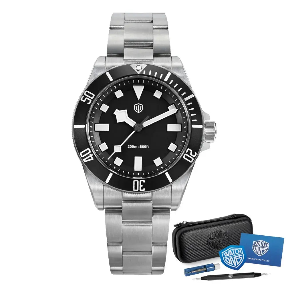 Watchdives WD1969 Pro 38mm stainless steel dive watch with black dial and rotating bezel, includes case and tools