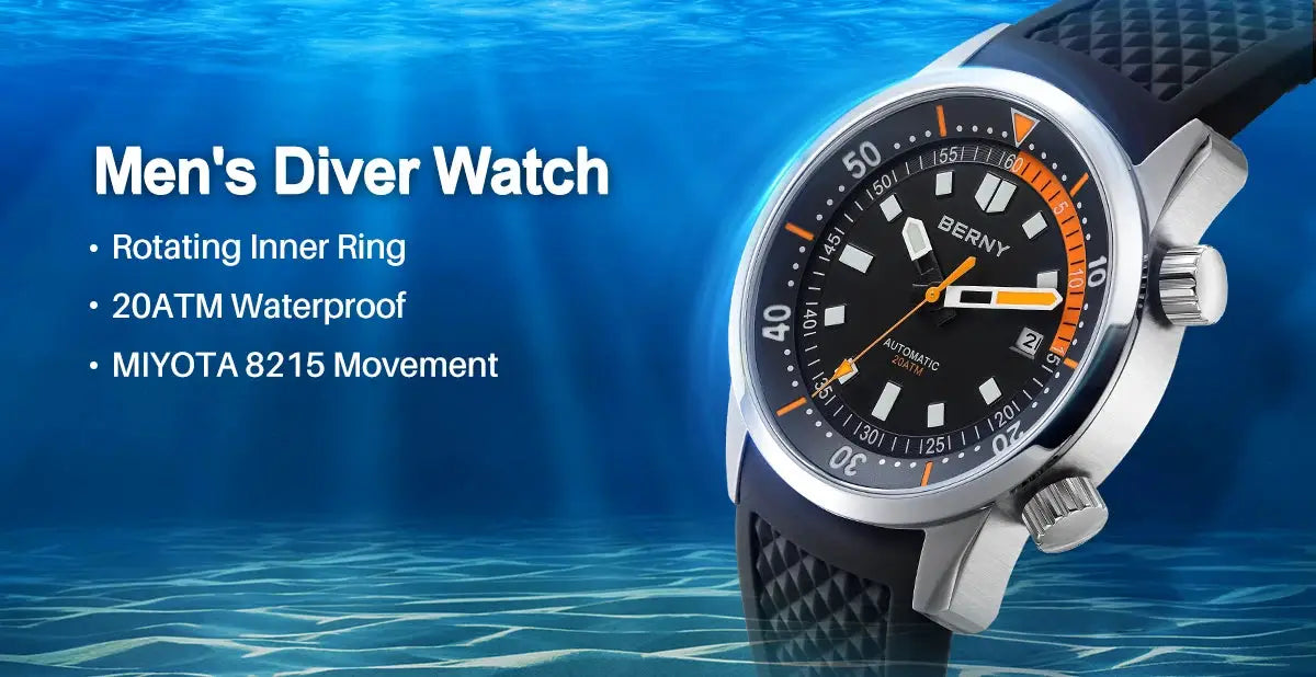 BERNY men's dive watch, black dial with orange accents, 42mm stainless steel case, rubber strap, 200M water resistant