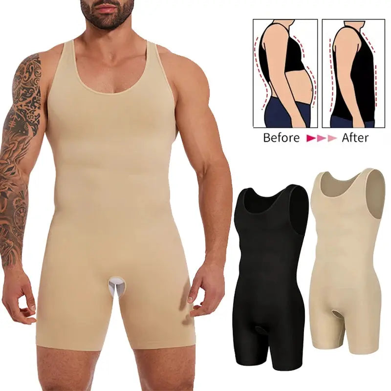 Men's full-body shaper sleeveless seamless compression bodysuit by Simples Market; beige and black variants shown, set of 3.