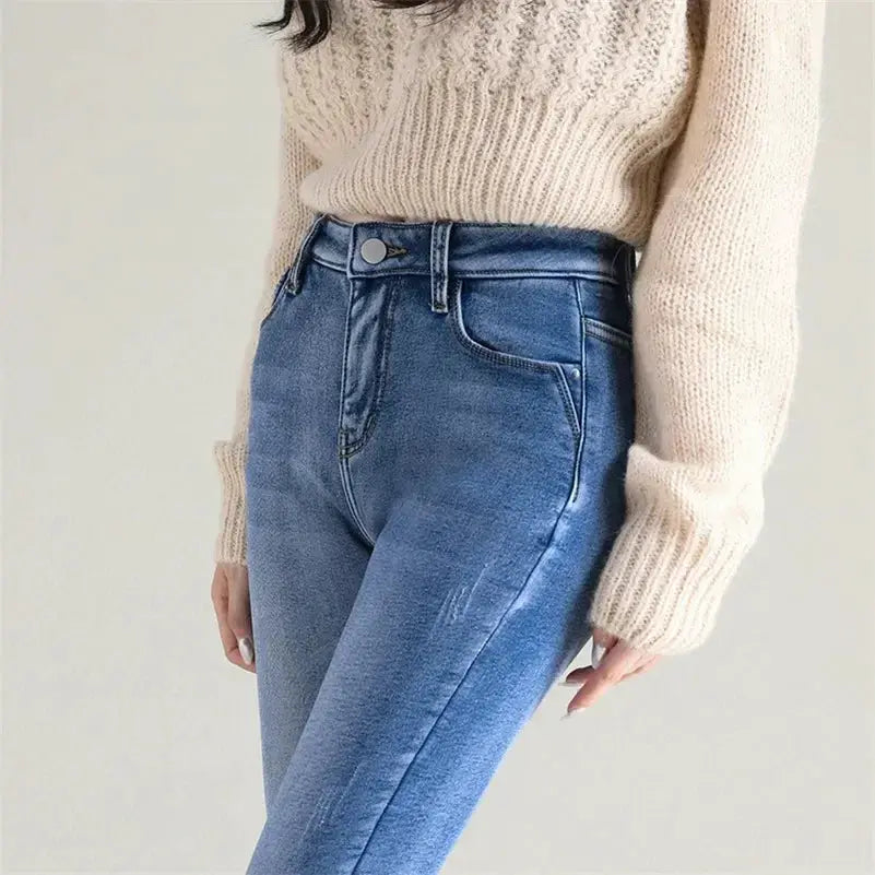 Women Thermal Skinny Jeans With Plush Lining Warm Winter Denim Pants