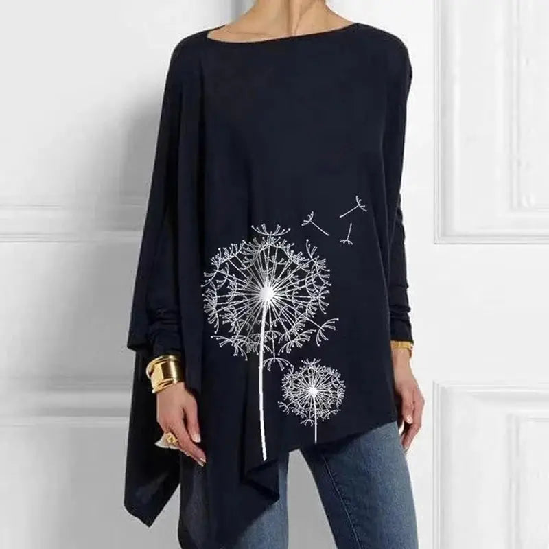 Navy cotton irregular women's blouse with white dandelion print and long sleeves