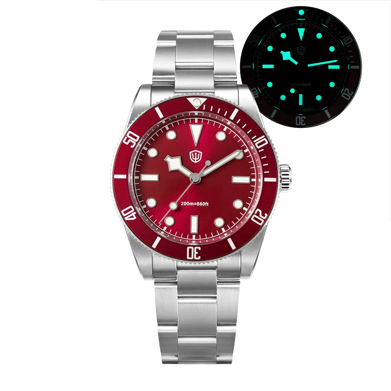 Two Watchdives WD7922 BB54 diver watches: red dial with steel bracelet and rotating bezel; inset glow black dial