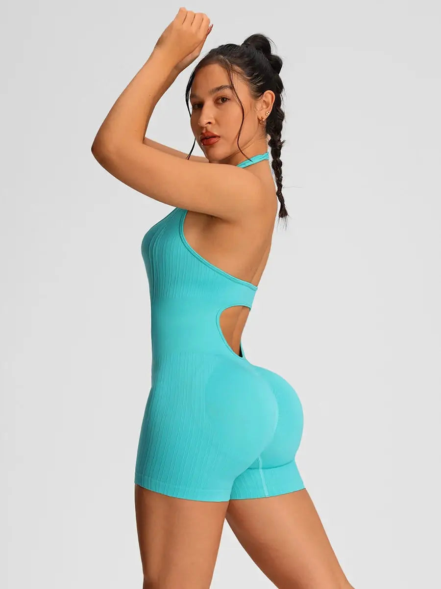 Women's turquoise ribbed romper for gym, halter neck with side cutouts, shorts-length