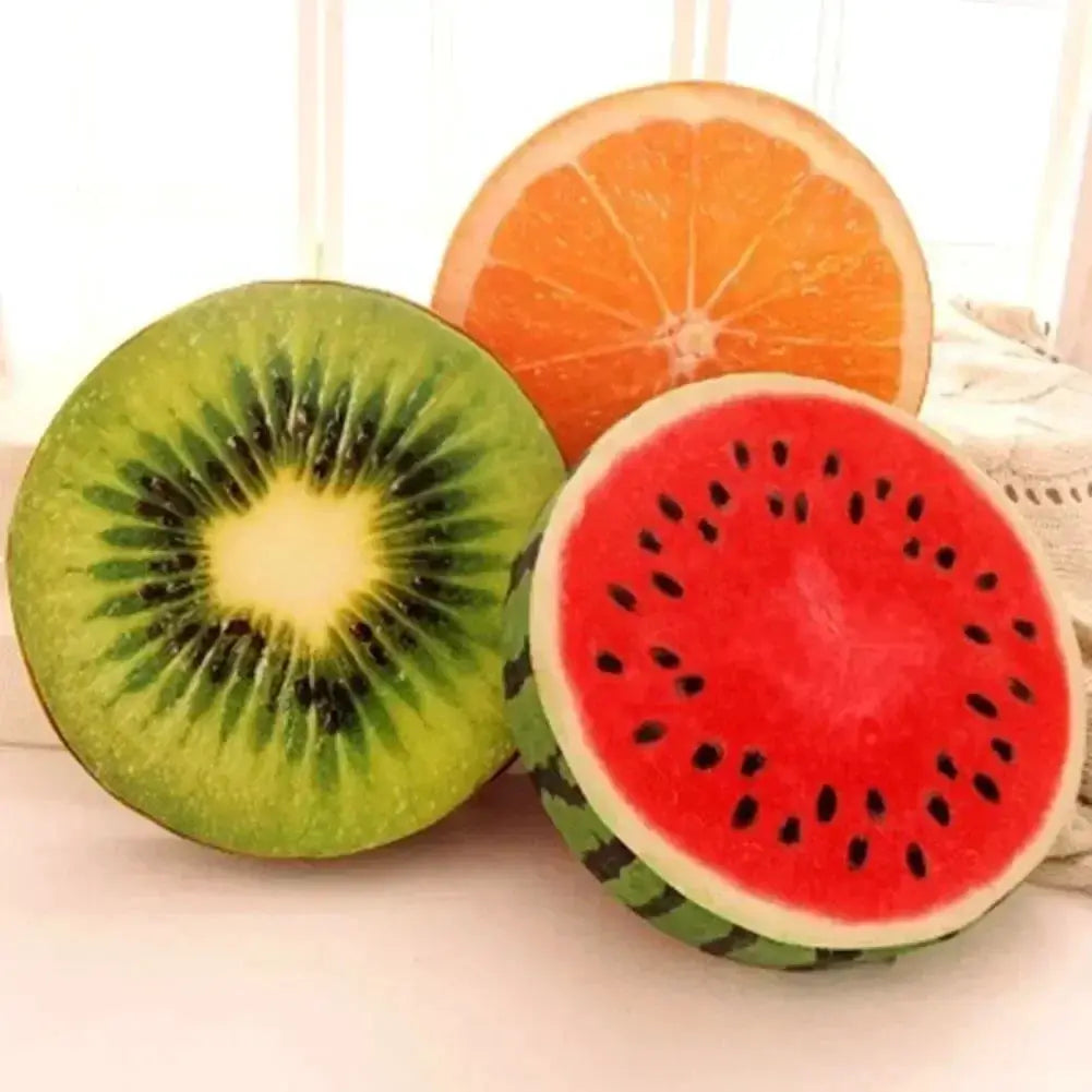 3 fruit-shaped cushions by Simples Market: watermelon, kiwi, and orange plush pillows for living room decor