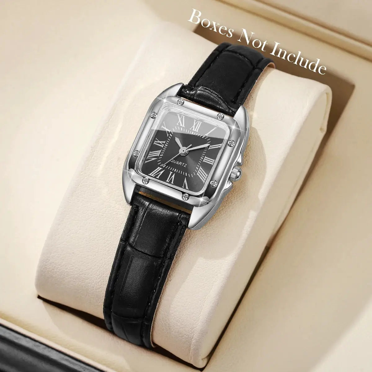 Women’s square-face leather strap quartz watch with Roman dial in black and silver