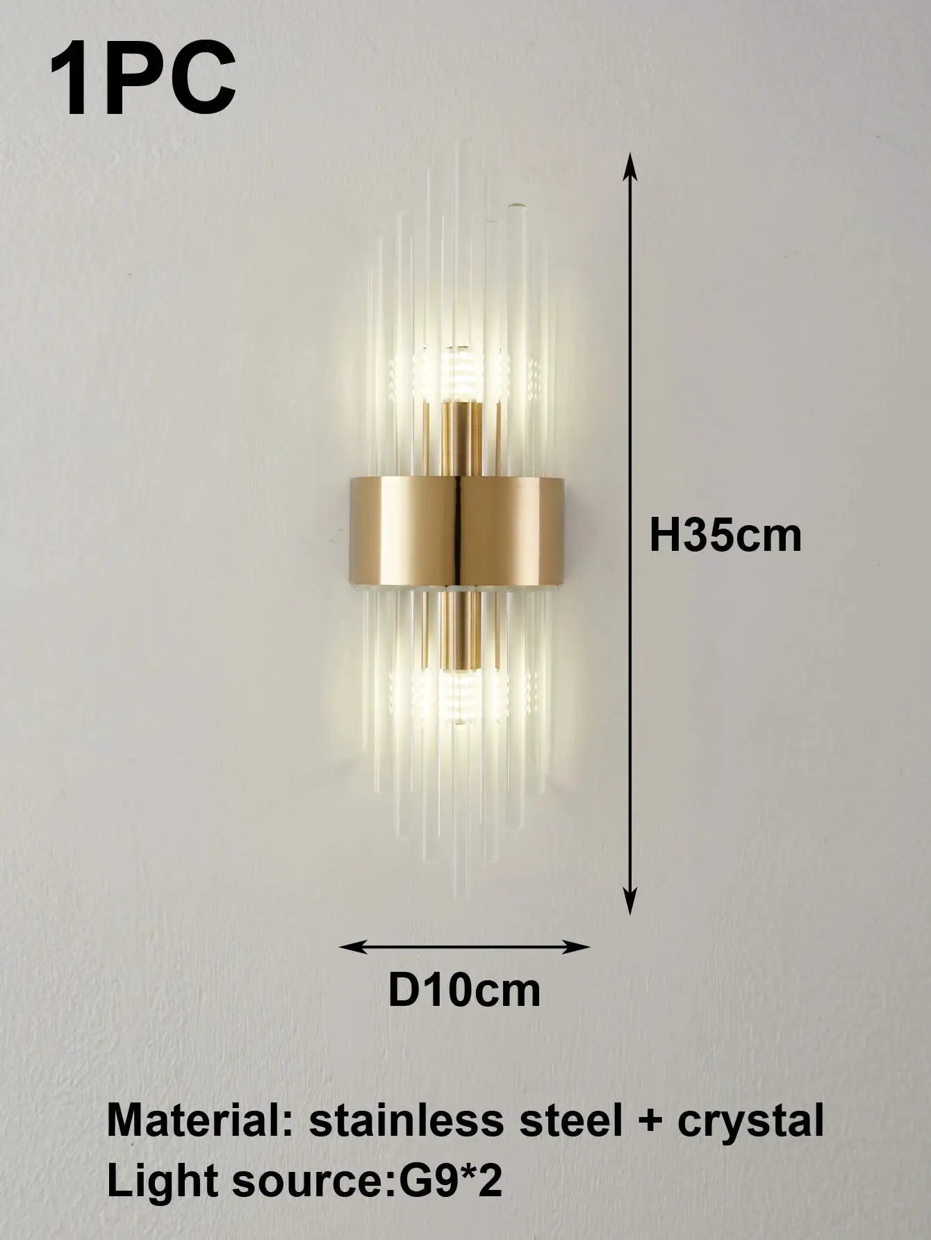Wall sconce in gold-brass and black stainless steel with crystal prisms, G9 light source, Simples Market.