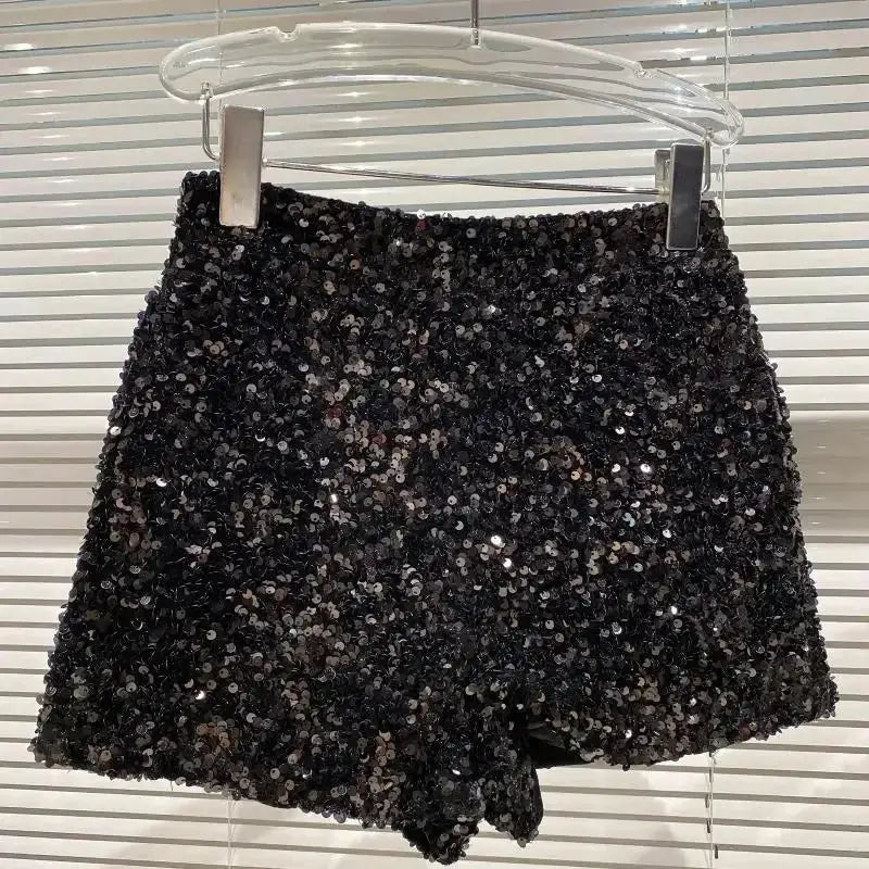 Women's black velvet sequin shorts, shiny and versatile clubwear hot pants.