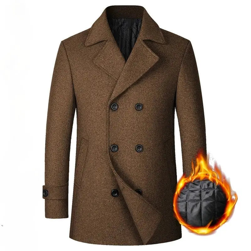 Men's brown double-breasted wool coat with warm lining, long winter overcoat