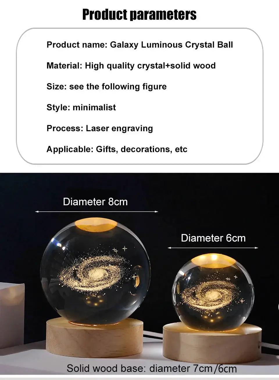 Simples Market Galaxy Luminous Crystal Ball USB LED Night Light; two sizes 8cm and 6cm with solid wood bases