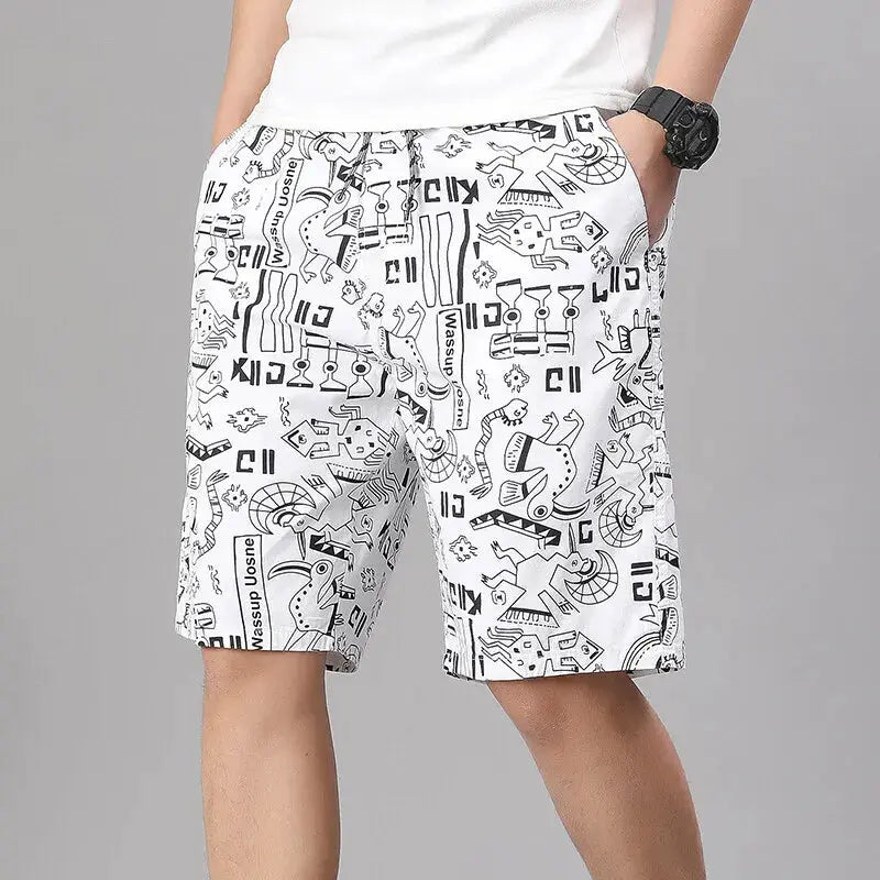 Men's 100% cotton shorts with elastic waist, white with black abstract graffiti print