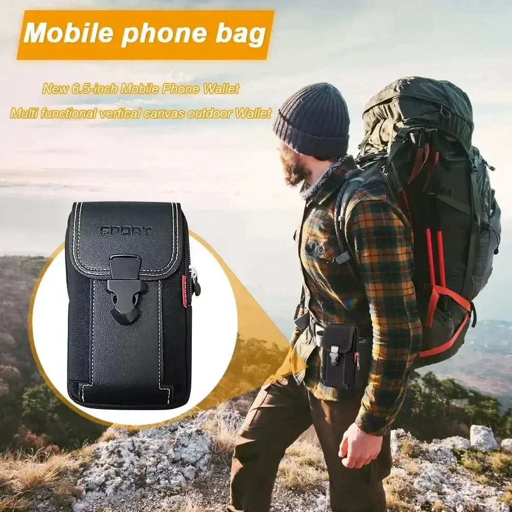 Mobile phone belt pouch in black with front buckle; Simples Market MOLLE waist bag.