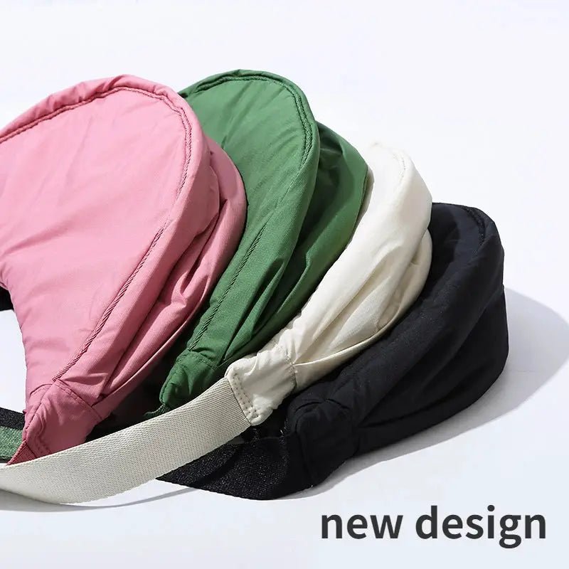 Four crossbody bags in pink, green, beige, and black; padded nylon shoulder purses.