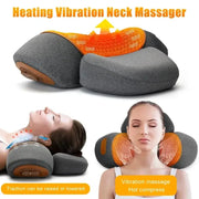 Electric neck massager pillow in gray with an orange heating cover; features adjustable traction, vibration, and heat