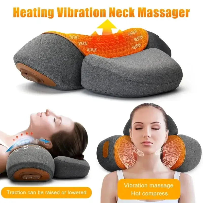 Electric neck massager pillow in gray with an orange heating cover; features adjustable traction, vibration, and heat