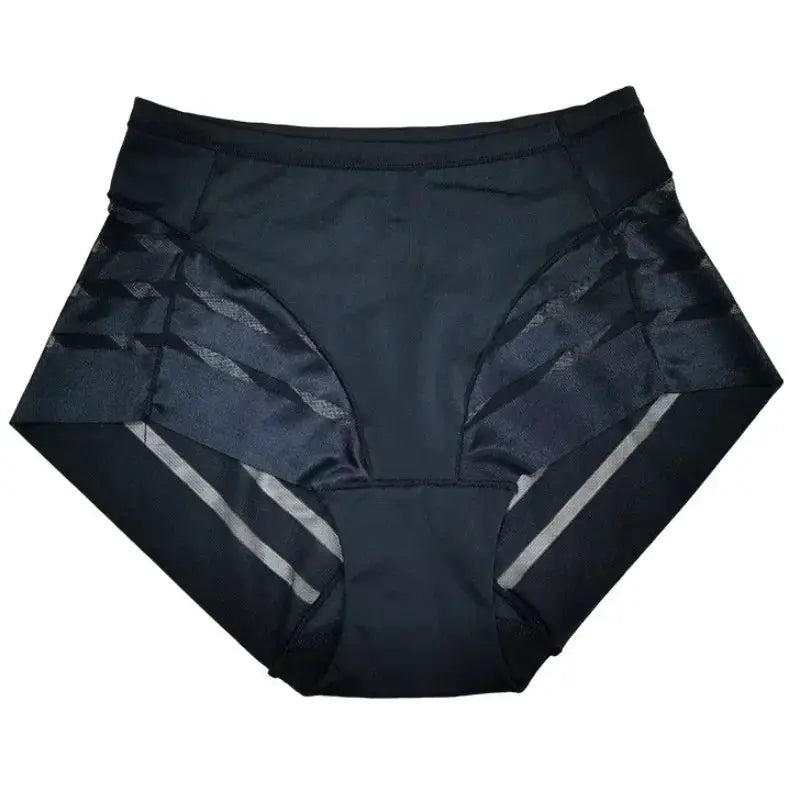 High waist seamless black panties with mesh panels for tummy control