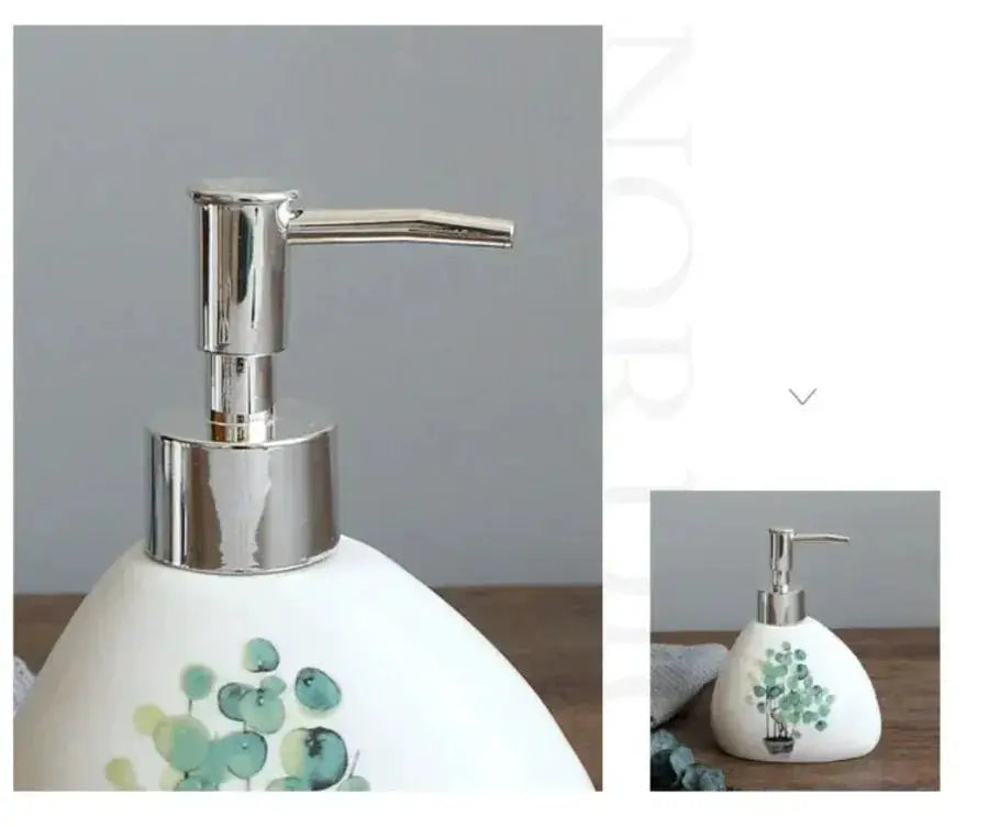 White ceramic bathroom accessory set with chrome soap dispenser by Simples Market