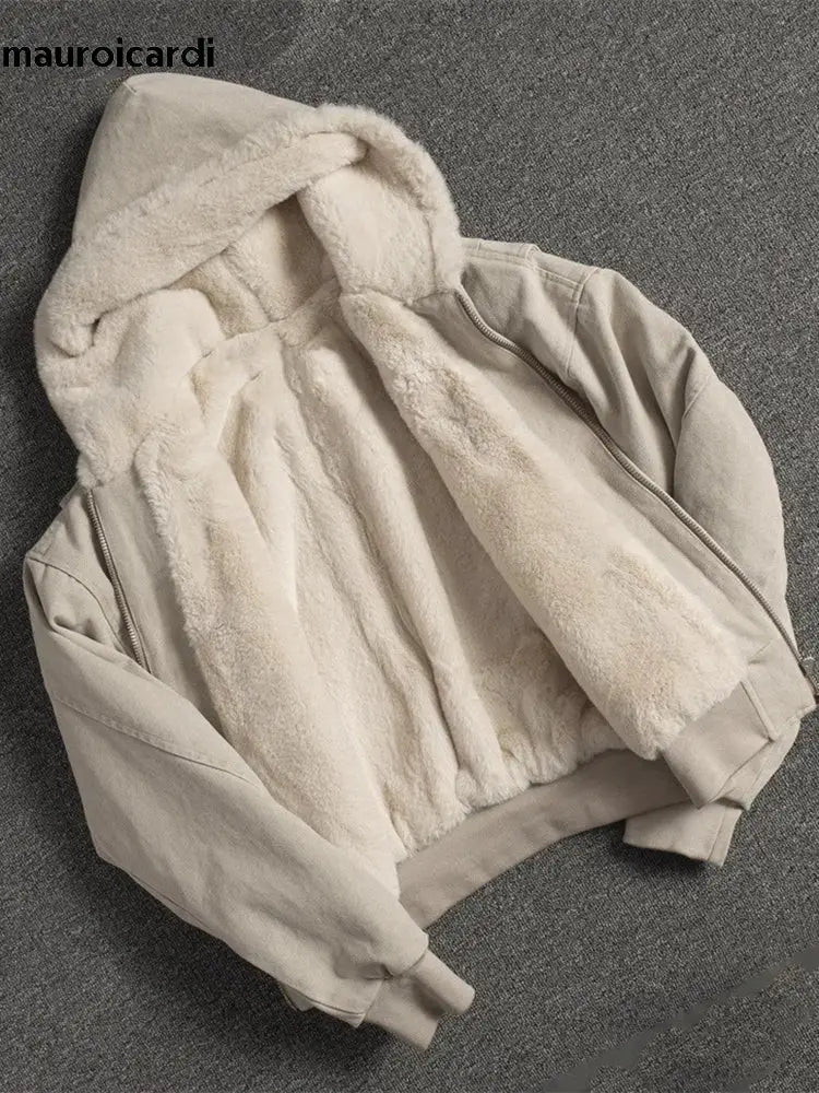 Mauroicardi beige oversized canvas padded jacket with faux fur interior by Simples Market.