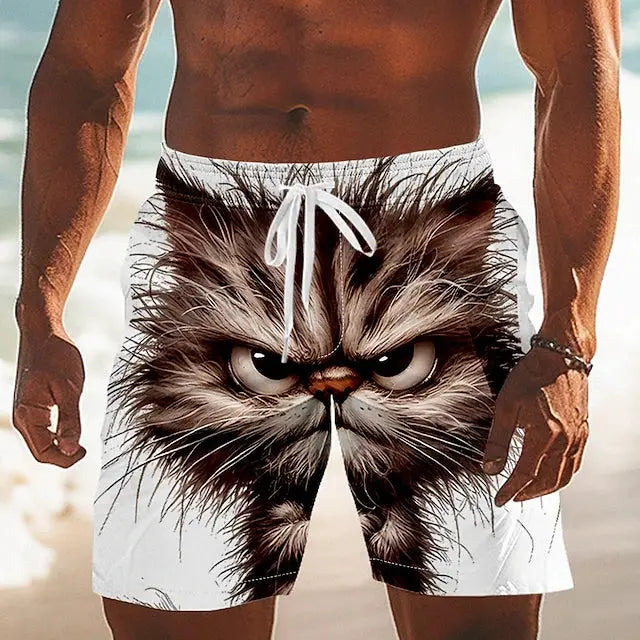 Simples Market men's quick-dry beach shorts with drawstring waist and bold animal-face graphic on white fabric.