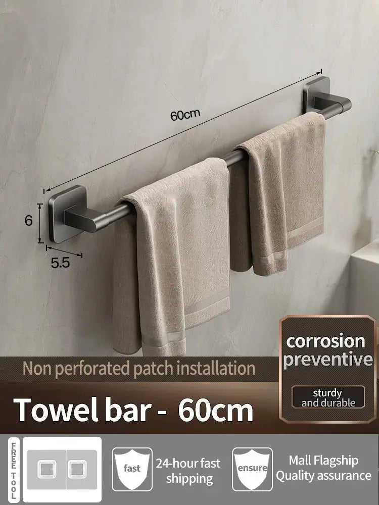 Simples Market 60cm towel bar, wall-mounted metal with non-perforated patch installation, holding two beige towels