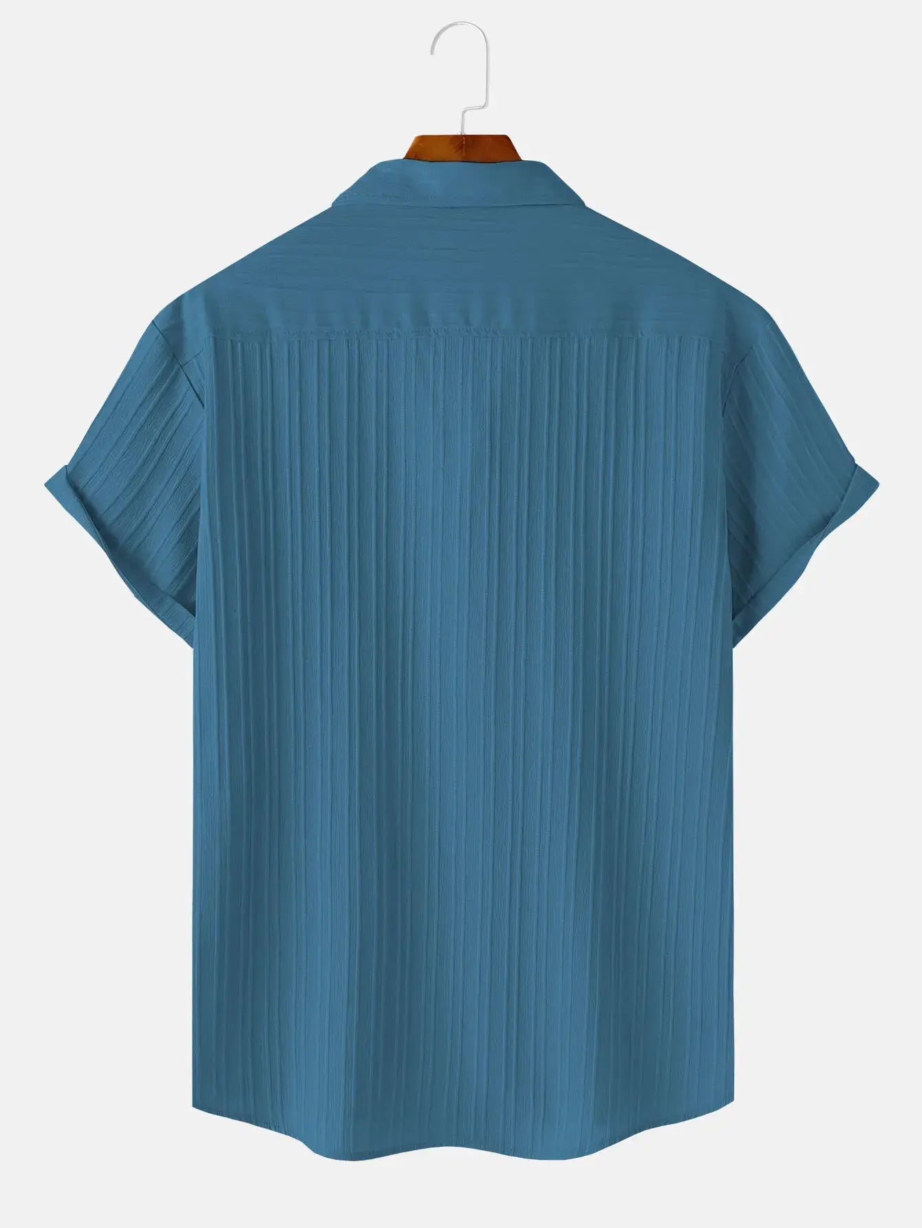 Men's teal short-sleeve shirt with pleated back on hanger, casual beach style