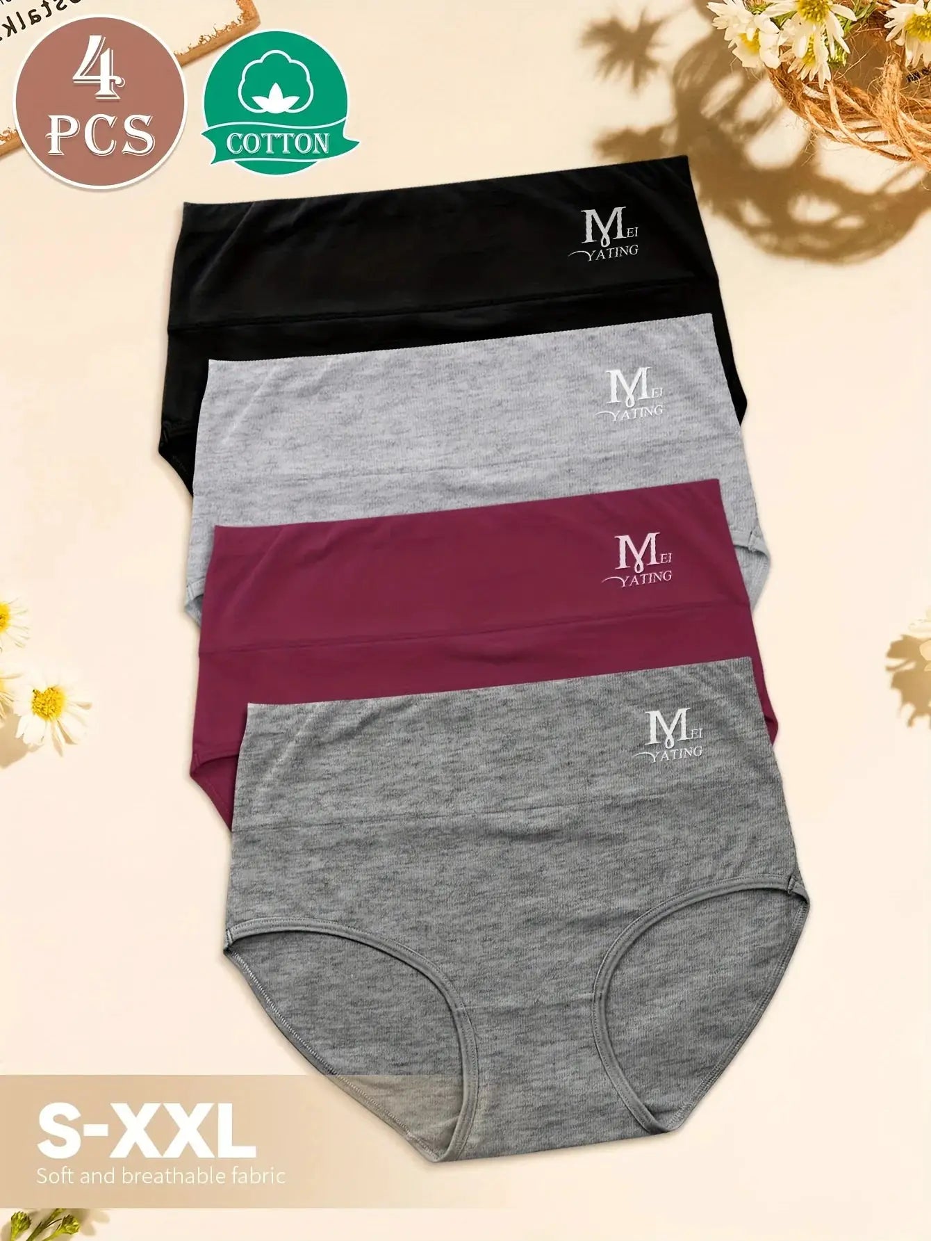 MIOTAN 4pc high-waisted tummy-control briefs set in black, grey, burgundy; Simples Market breathable cotton underwear.